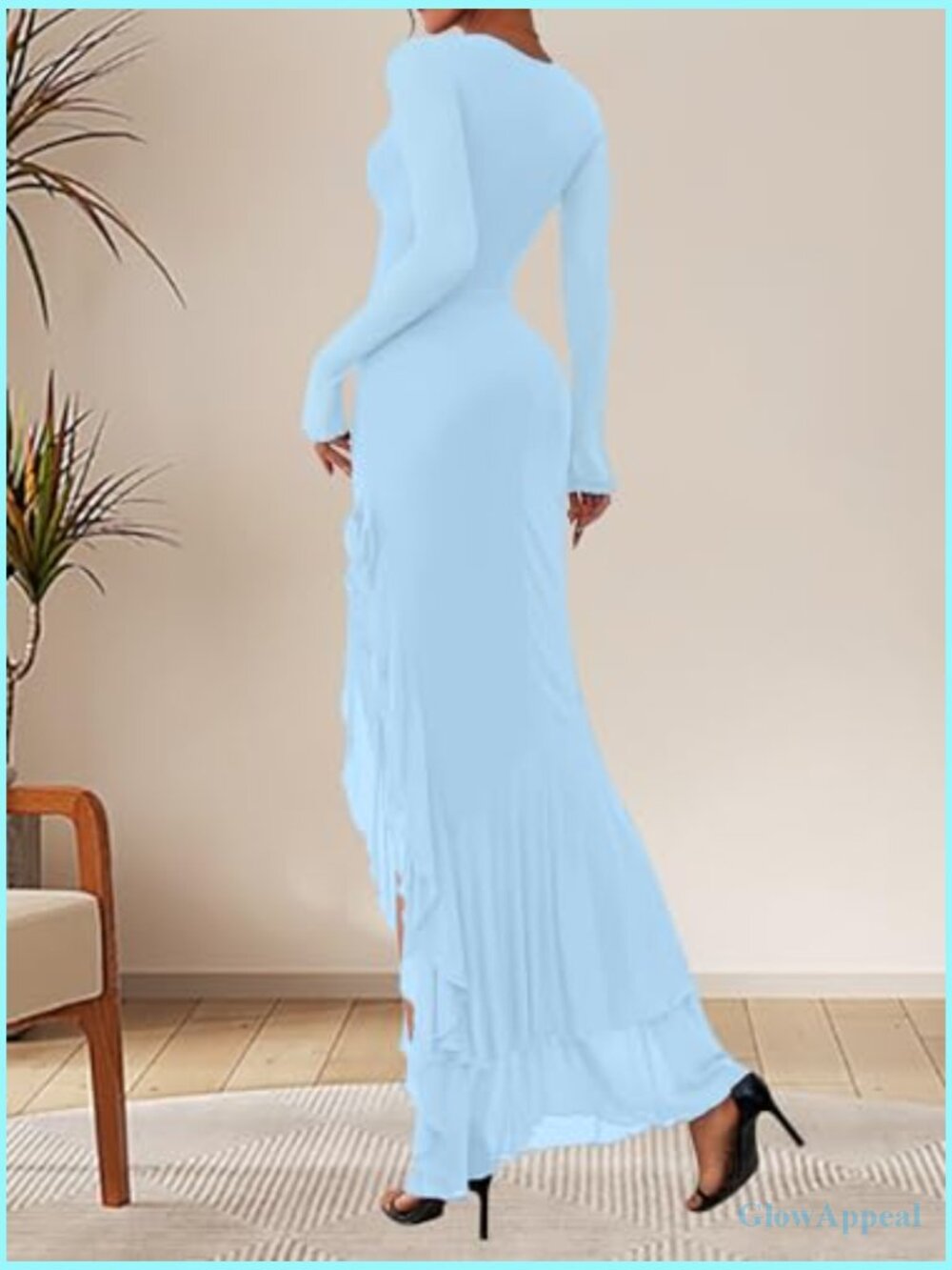 Women's Bodycon Ruched Long Sleeve Maxi Dress Mermaid Ruffle Formal Cocktail - Picture 2 of 7